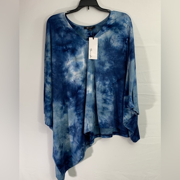 NEW Yana K Poncho‎ Top Asym Neck LT Blue Navy DIY Brush Tie Dye - Picture 1 of 10